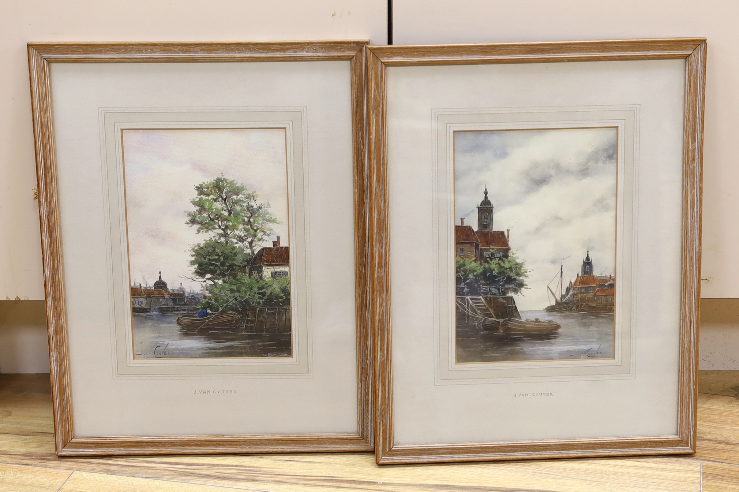 Jan Van Couver (Dutch, 1836-1909), pair of watercolours, River landscapes with barges, each signed, labels verso, 25 x 17cm